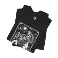 DailyThreadCo. black 100% cotton t-shirt with vintage Strength tarot card illustration of a skeleton woman and a lion.