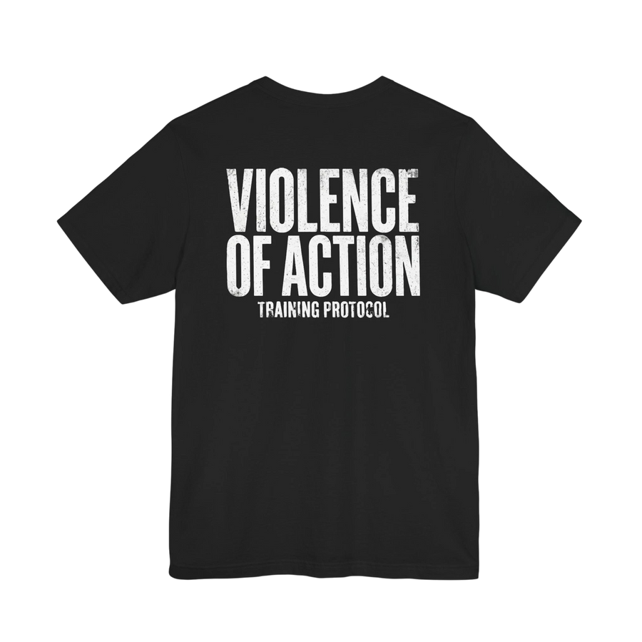 DailyThreadCo. black 100% cotton t-shirt with white "VIOLENCE OF ACTION TRAINING PROTOCOL" graphic print on back.