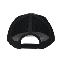 DailyThreadCo. black trucker cap with mesh back and adjustable snap closure, featuring a distressed skull emblem and 'DEADWEIGHT' logo.