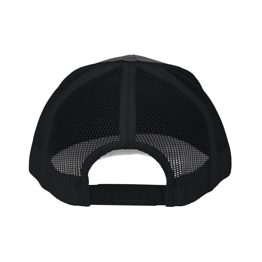 DailyThreadCo. black trucker cap with mesh back and adjustable snap closure, featuring a distressed skull emblem and 'DEADWEIGHT' logo.