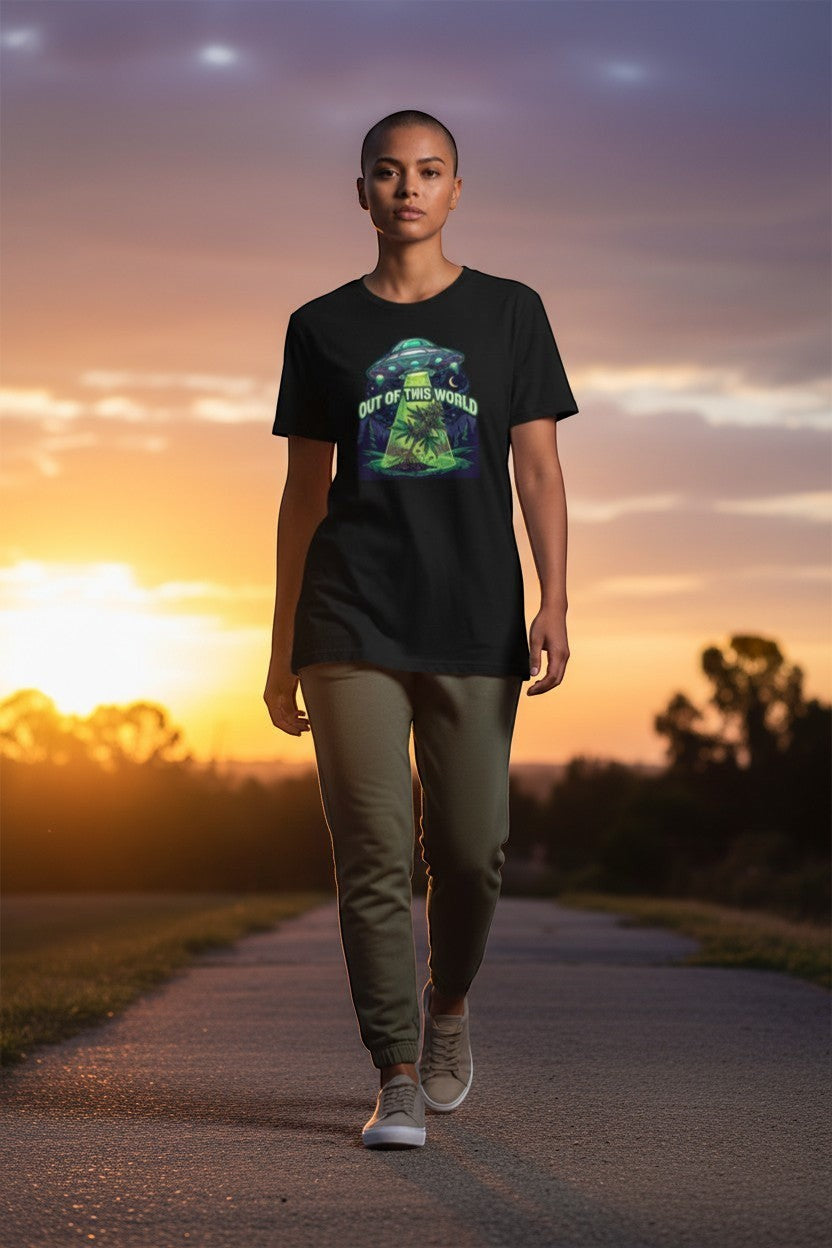 DailyThreadCo. black cotton t-shirt with a graphic of a UFO beaming up a cannabis plant under a starry sky.