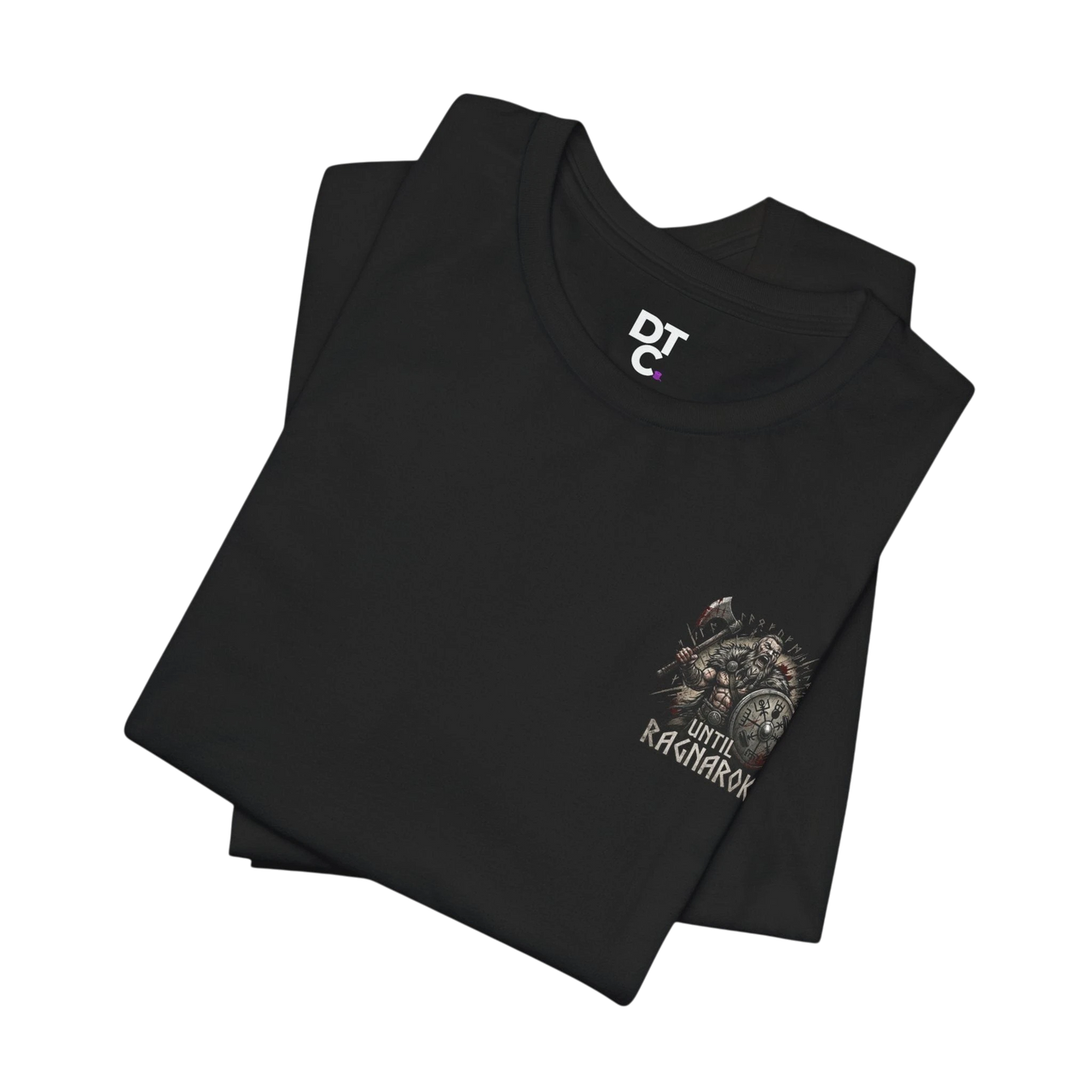 DailyThreadCo. black 100% cotton crew-neck t-shirt with a small Viking warrior graphic and "Until Ragnarok" text on the front.