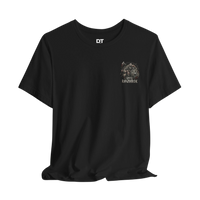 DailyThreadCo. black 100% cotton crew-neck t-shirt with a small Viking warrior emblem and 