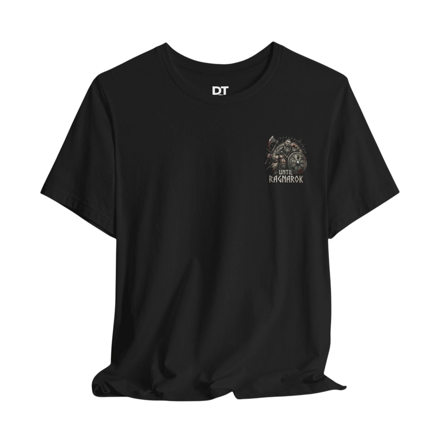 DailyThreadCo. black 100% cotton crew-neck t-shirt with a small Viking warrior emblem and "Until Ragnarok" text on the front.