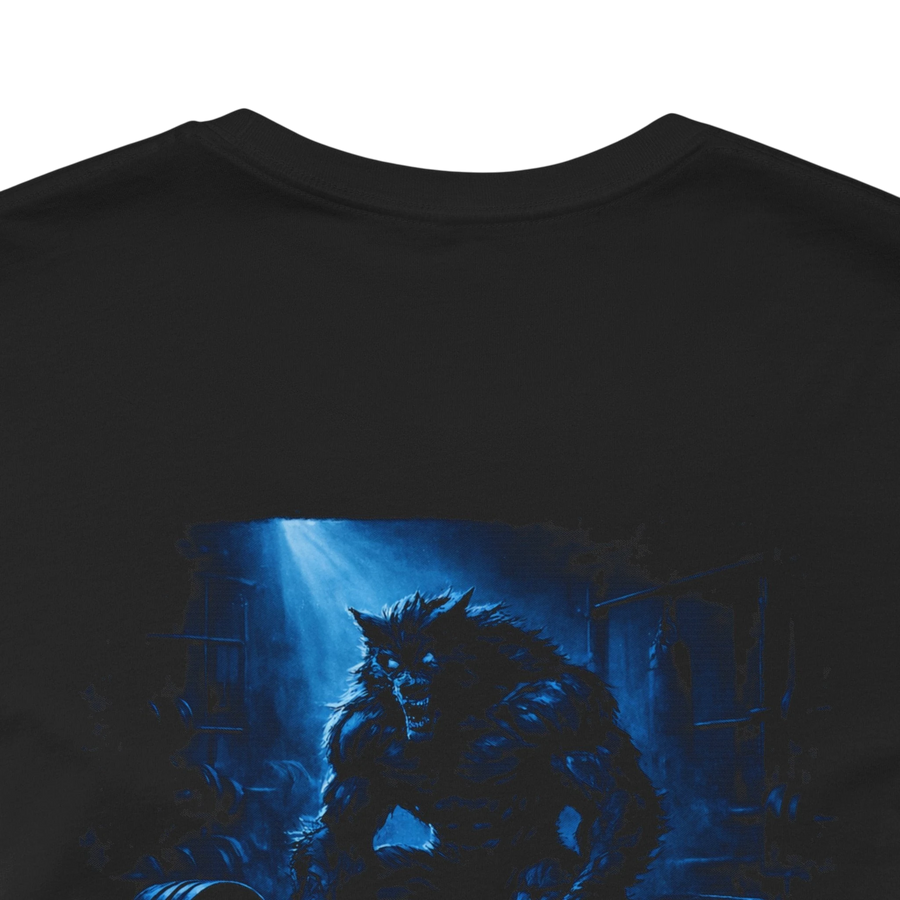 DailyThreadCo. black 100% cotton t-shirt with a cinematic illustration of a werewolf in a dark, moody setting with blue lighting.