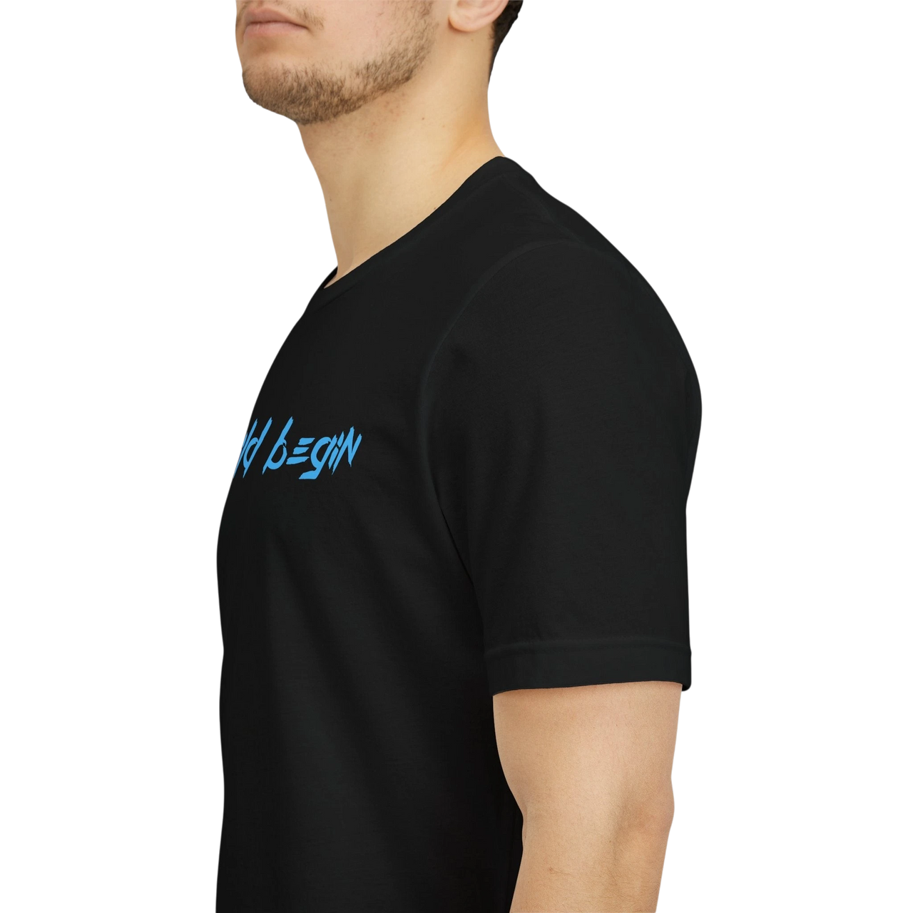 DailyThreadCo. black 100% cotton t-shirt with blue text graphic on front and back, crew neck, short sleeves.