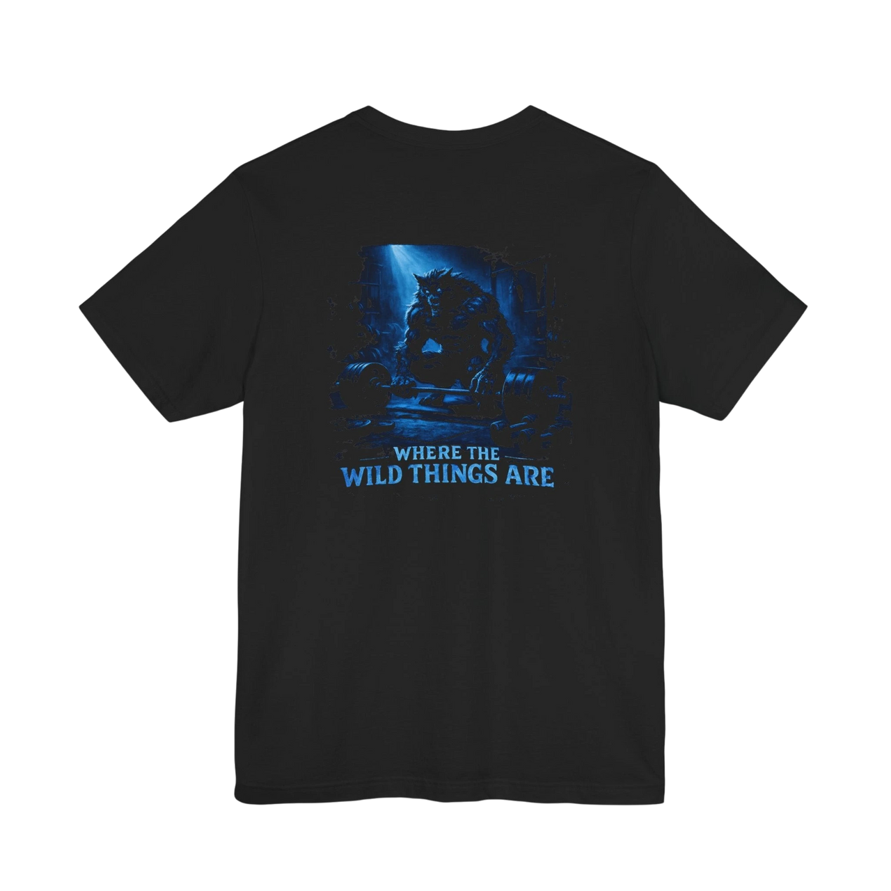 DailyThreadCo. black 100% cotton t-shirt with a blue graphic of a creature lifting weights and the text "WHERE THE WILD THINGS ARE".