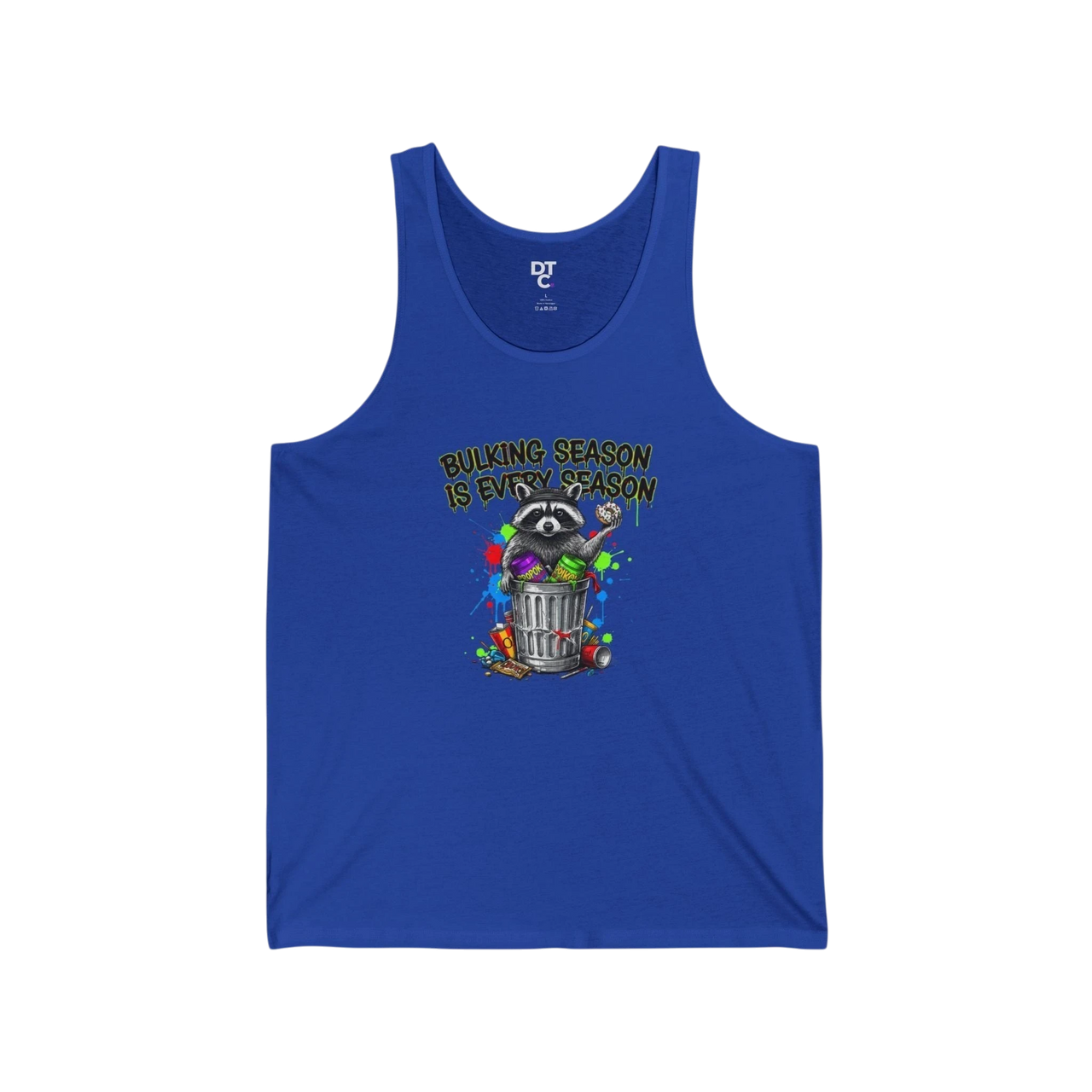 DailyThreadCo. blue cotton tank top with a graphic of a raccoon in a trash can and the text "Bulking season is every season".