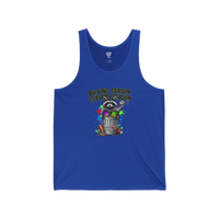 DailyThreadCo. blue cotton tank top with a graphic of a raccoon in a trash can and the text 