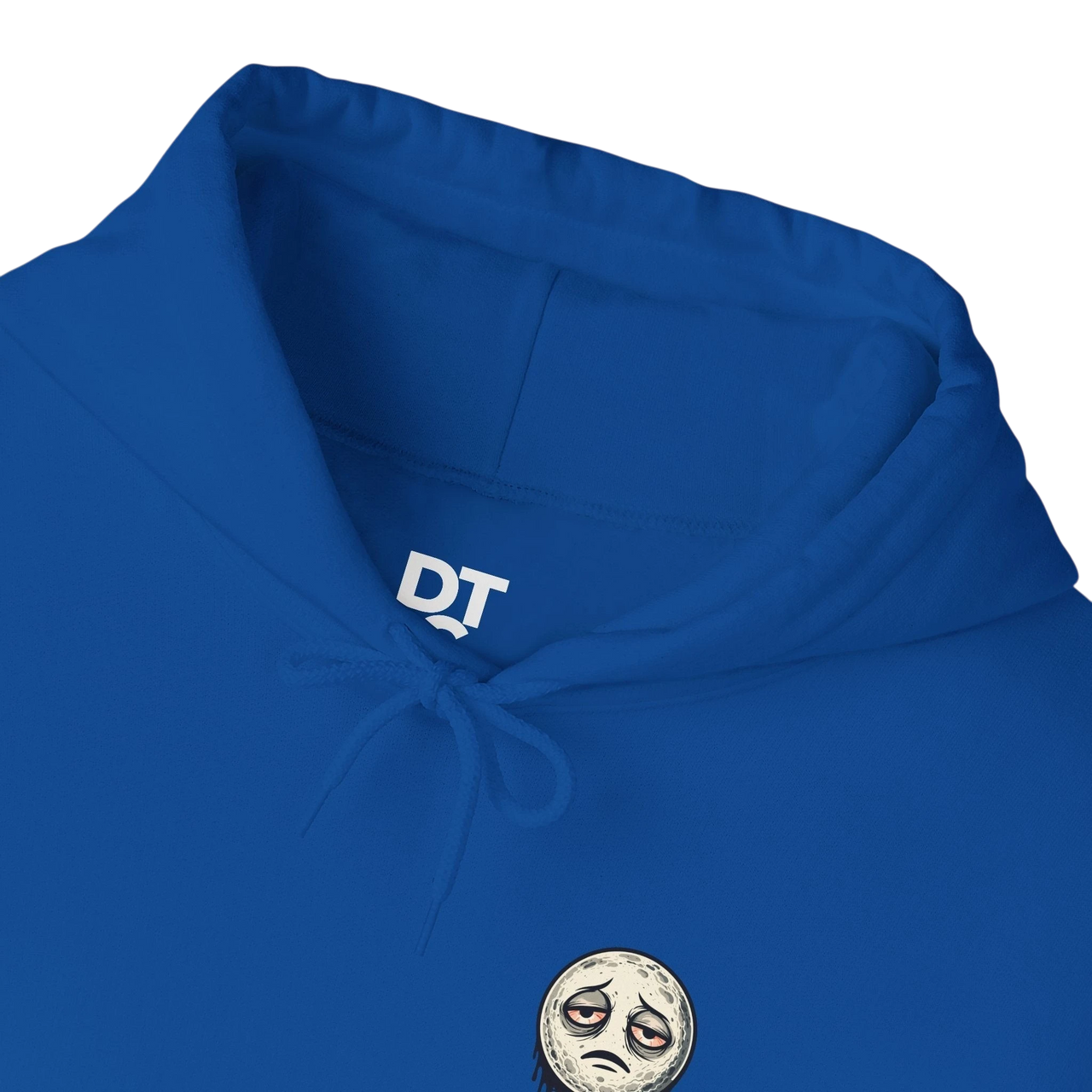 DailyThreadCo. blue cotton-poly blend hoodie with a dripping moon graphic and "SLEEP DEPRIVED" text. Features a kangaroo pocket and drawstring hood.