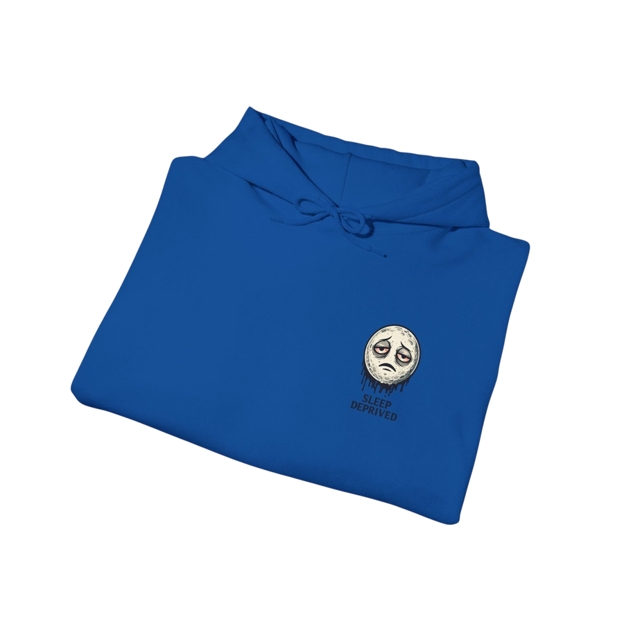 DailyThreadCo. blue cotton-poly blend hoodie with a dripping moon graphic and "SLEEP DEPRIVED" text.