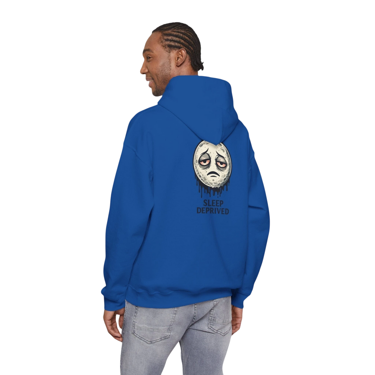DailyThreadCo. blue cotton-poly blend hoodie with a dripping moon graphic and "SLEEP DEPRIVED" text on the back.