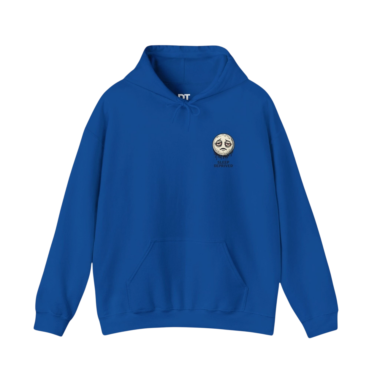 DailyThreadCo. blue cotton-poly fleece hoodie with a dripping moon graphic and "SLEEP DEPRIVED" text.