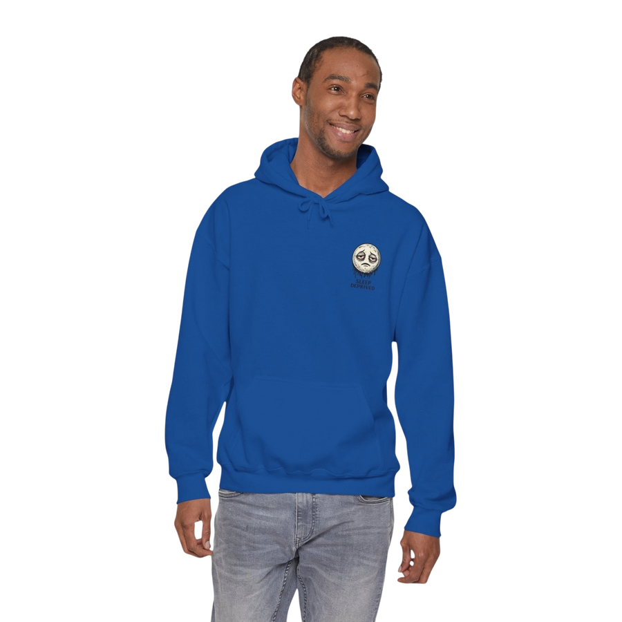 DailyThreadCo. blue cotton-poly fleece hoodie with a dripping moon graphic and "SLEEP DEPRIVED" text on the chest.