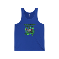 DailyThreadCo. blue cotton tank top with a graphic of a muscular pigeon sitting on a green park bench, with green and blue paint splatters and the text 