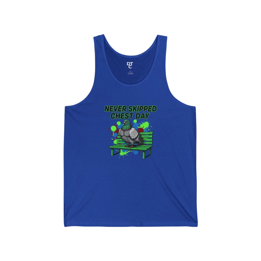 DailyThreadCo. blue cotton tank top with a graphic of a muscular pigeon sitting on a green park bench, with green and blue paint splatters and the text "NEVER SKIPPED CHEST DAY" in green.