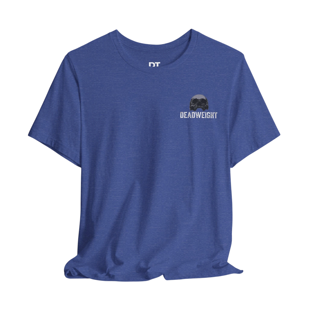 DailyThreadCo. blue heather cotton t-shirt with small skull logo and "DEADWEIGHT" text on chest.
