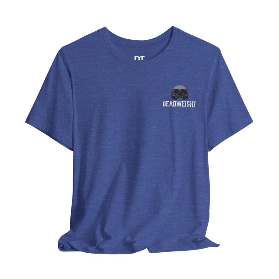 DailyThreadCo. blue heather cotton t-shirt with small skull logo and "DEADWEIGHT" text on chest.
