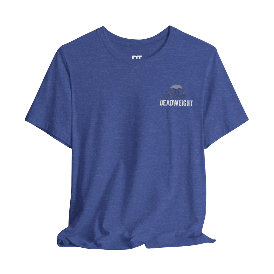 DailyThreadCo. blue heather cotton graphic tee with 'DEADWEIGHT' text and skull graphic on chest.
