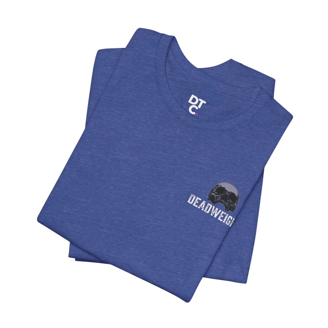 DailyThreadCo. blue heather athletic tee with crew neck and "DEADWEIGH" graphic with skull on left chest.