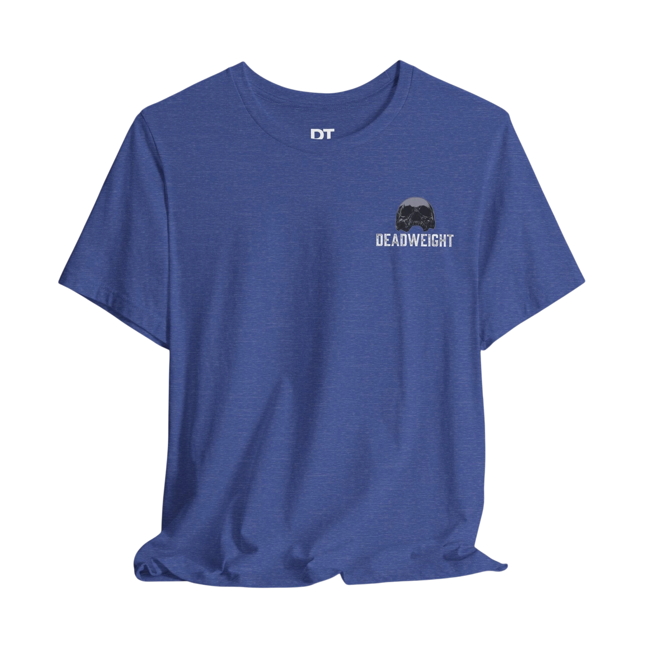 DailyThreadCo. blue heather athletic t-shirt with crew neck and "DEADWEIGHT" skull graphic on chest.