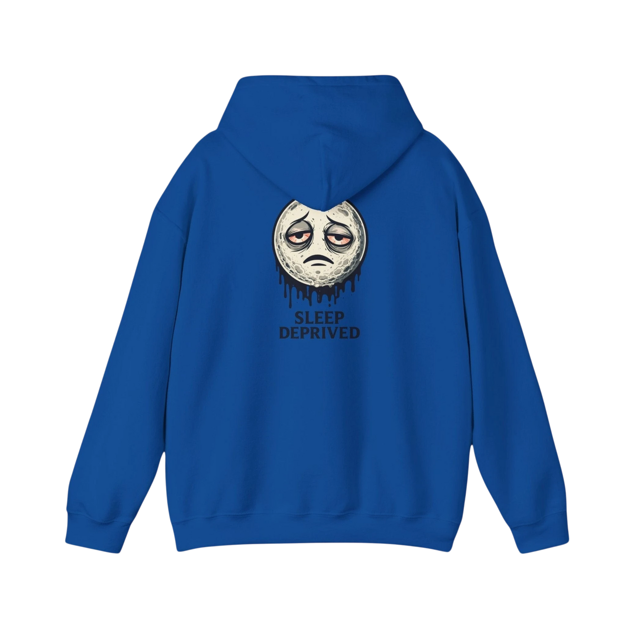DailyThreadCo. blue cotton-poly blend hoodie with a dripping moon graphic and "SLEEP DEPRIVED" text on the back.