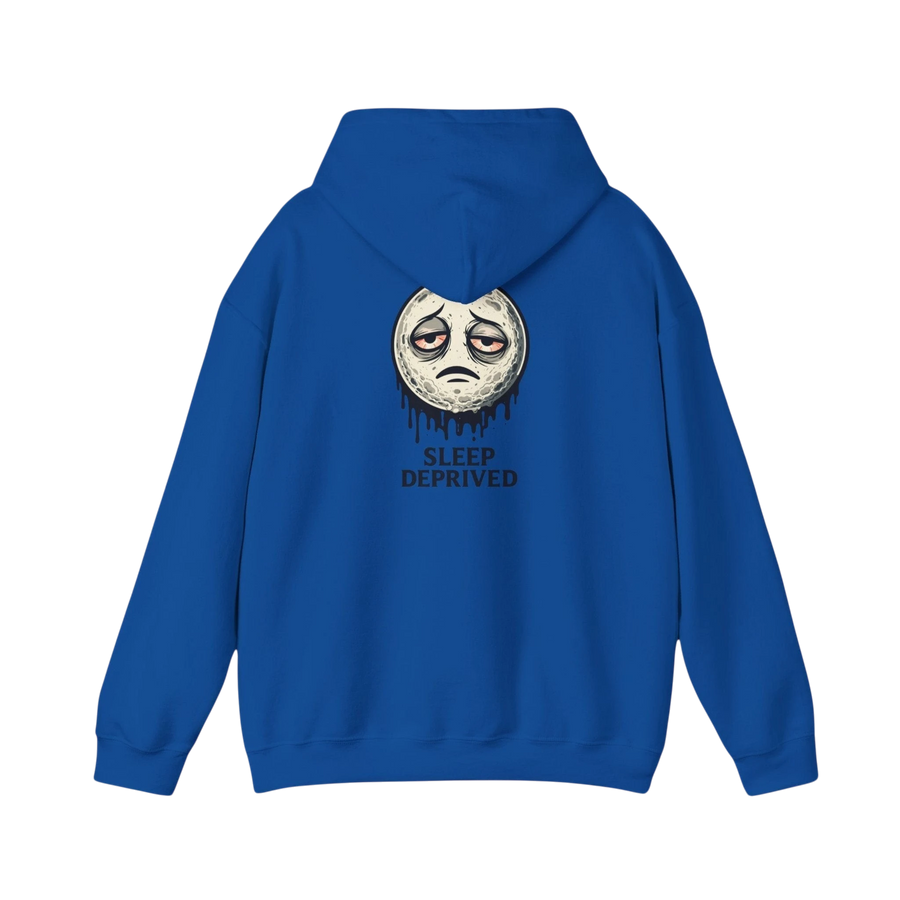 DailyThreadCo. blue cotton-poly blend hoodie with a dripping moon graphic and "SLEEP DEPRIVED" text on the back.