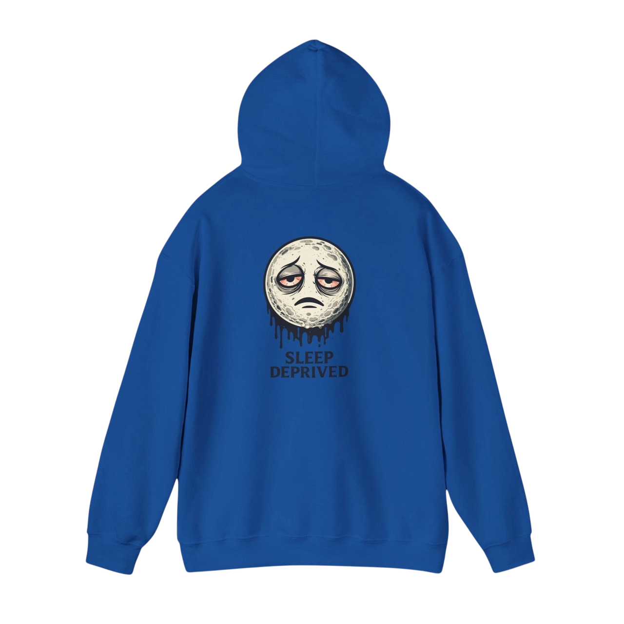DailyThreadCo. blue cotton-poly blend hoodie with a dripping moon graphic and "SLEEP DEPRIVED" text.