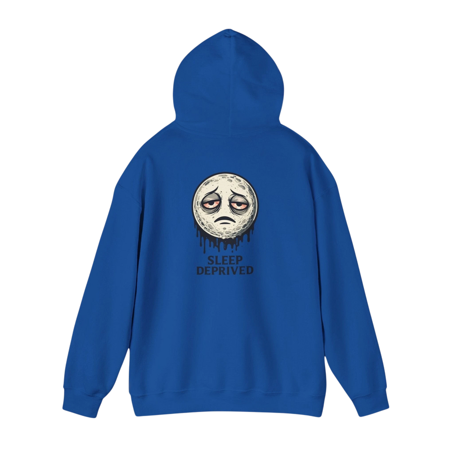 DailyThreadCo. blue cotton-poly blend hoodie with a dripping moon graphic and "SLEEP DEPRIVED" text.