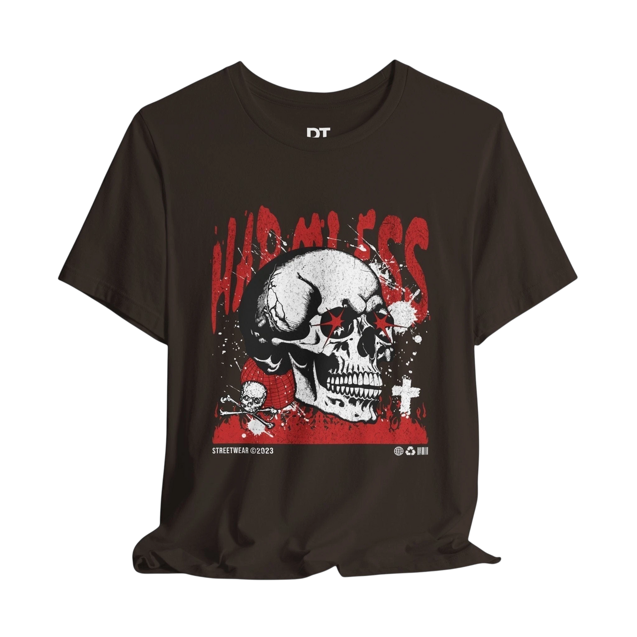 DailyThreadCo. brown 100% cotton t-shirt with a graphic skull wearing red star sunglasses and the word "HARMLESS" in red distressed font.