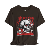 DailyThreadCo. brown 100% cotton t-shirt with a graphic skull wearing red star sunglasses and the word 