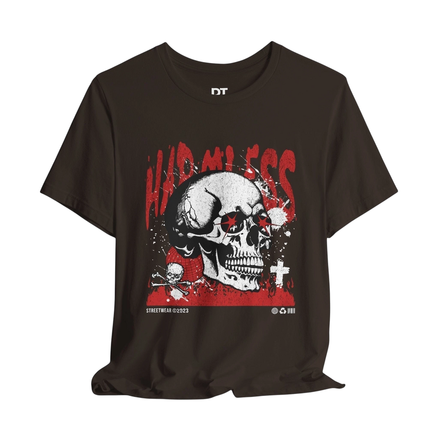 DailyThreadCo. brown 100% cotton t-shirt with a graphic skull wearing red star sunglasses and the word "HARMLESS" in red distressed font.