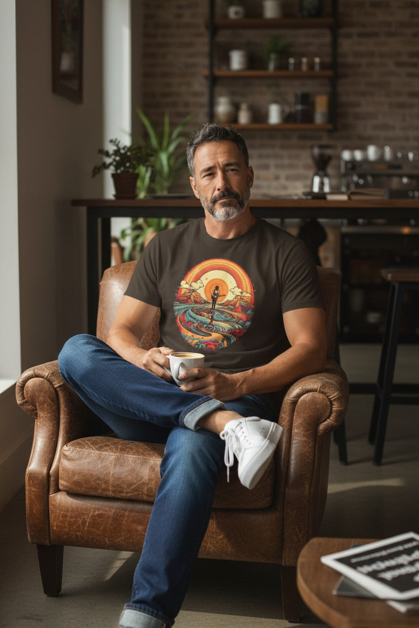 DailyThreadCo. brown 100% cotton t-shirt with retro sunset and surfer graphic art.