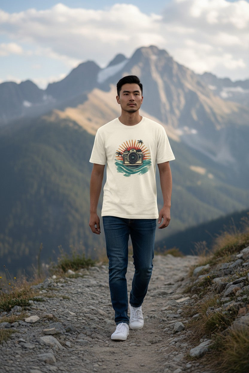 Camera Sunset Tee — Vintage Beach Photography T-Shirt