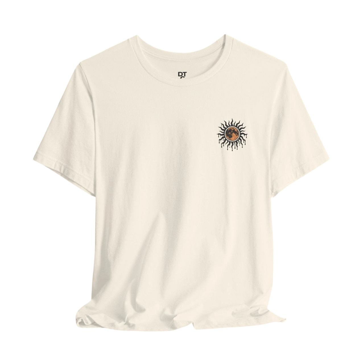 DailyThreadCo. cream 100% cotton t-shirt with a celestial sun and moon graphic on the chest.