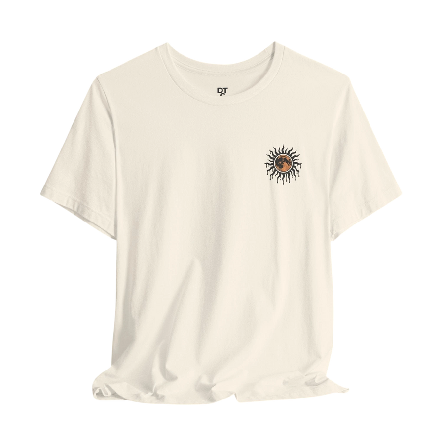 DailyThreadCo. cream 100% cotton t-shirt with a celestial sun and moon graphic on the chest.