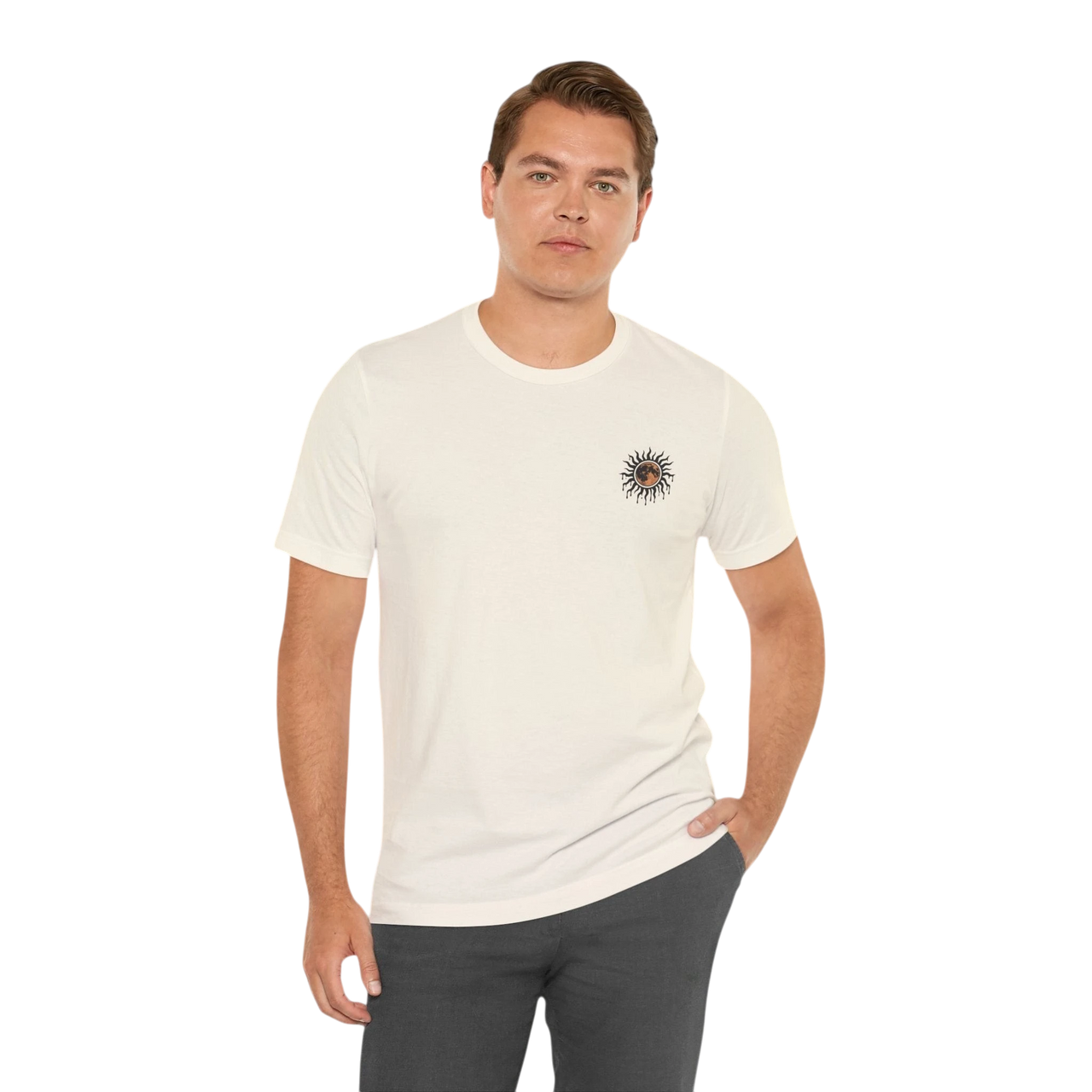 DailyThreadCo. cream 100% cotton t-shirt with a small celestial sun and moon graphic on the left chest.