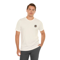DailyThreadCo. cream 100% cotton t-shirt with a small celestial sun and moon graphic on the left chest.