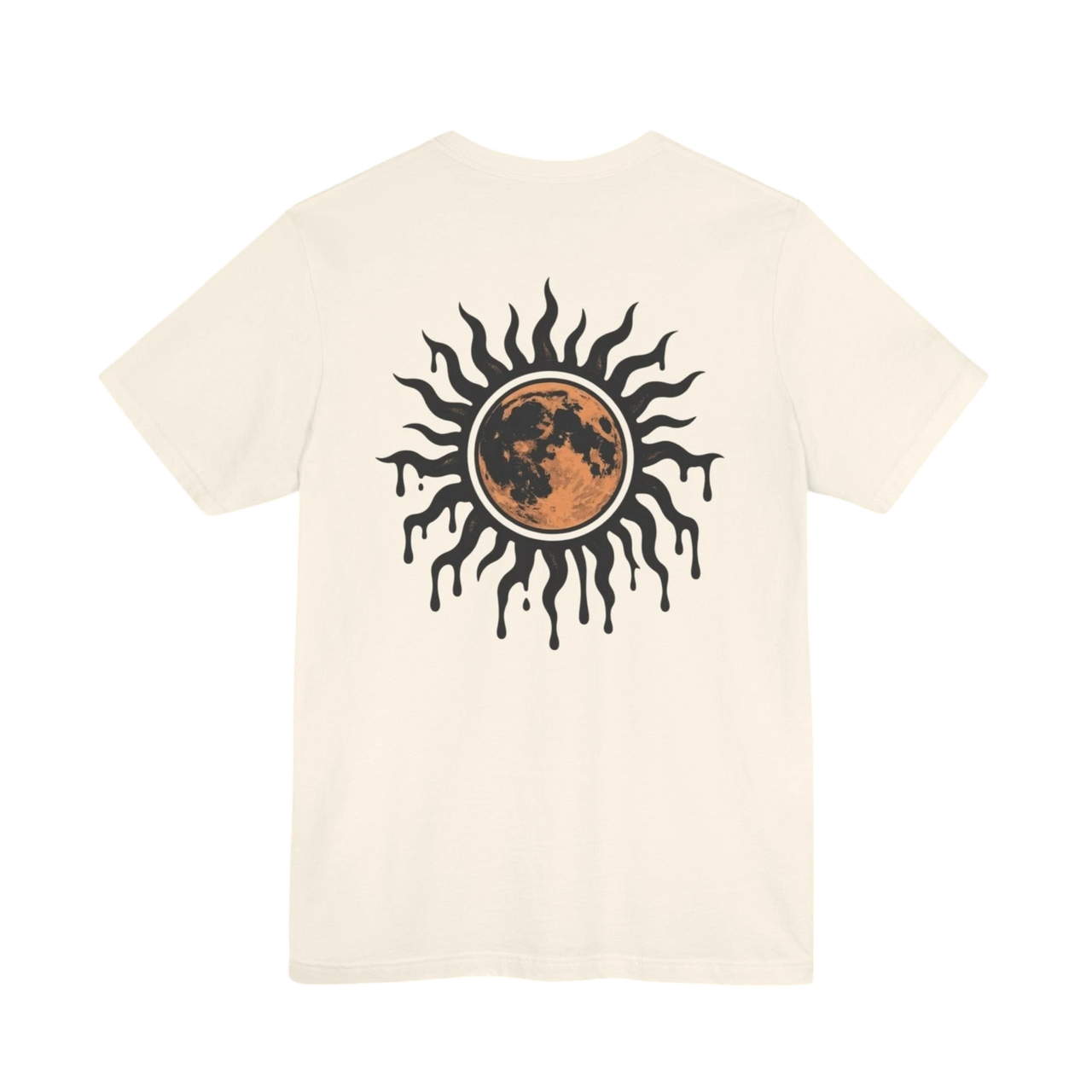 DailyThreadCo. cream 100% cotton t-shirt with a distressed sun and moon graphic print on the back.
