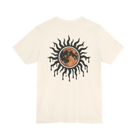 DailyThreadCo. cream 100% cotton t-shirt with a distressed sun and moon graphic print on the back.