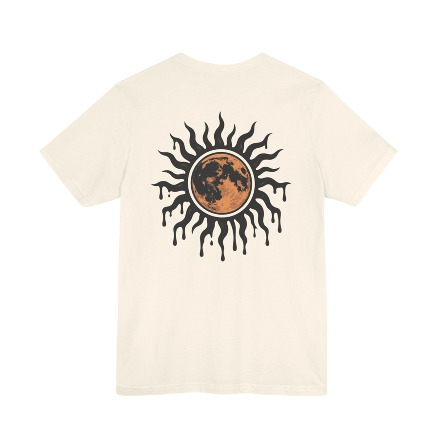 DailyThreadCo. cream 100% cotton t-shirt with a distressed sun and moon graphic print on the back.
