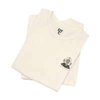 DailyThreadCo. cream 100% cotton t-shirt with a small gothic graphic of a skeleton hand rising from earth on the chest.