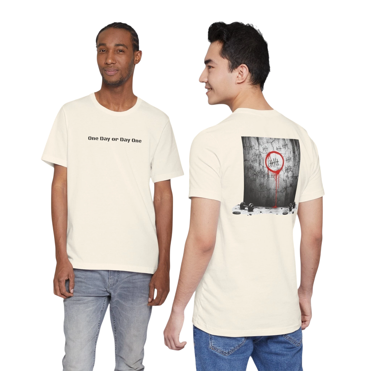 DailyThreadCo. cream cotton t-shirt with 'One Day or Day One' text on front and tally marks graphic on back.