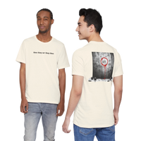 DailyThreadCo. cream cotton t-shirt with 'One Day or Day One' text on front and tally marks graphic on back.