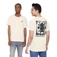 DailyThreadCo. cream cotton t-shirt with crew neck and a graphic print on the back of a multi-limbed figure lifting weights with the text 