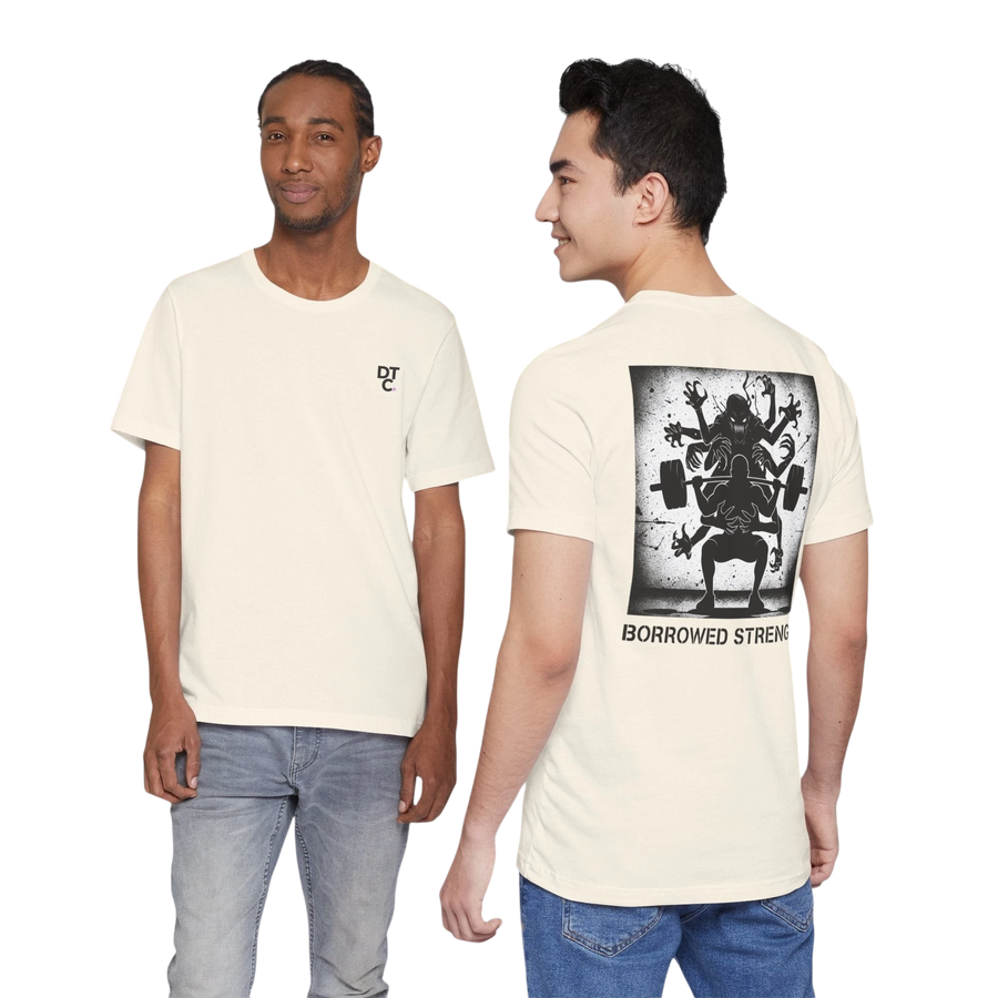 DailyThreadCo. cream cotton t-shirt with crew neck and a graphic print on the back of a multi-limbed figure lifting weights with the text "BORROWED STRENGTH".