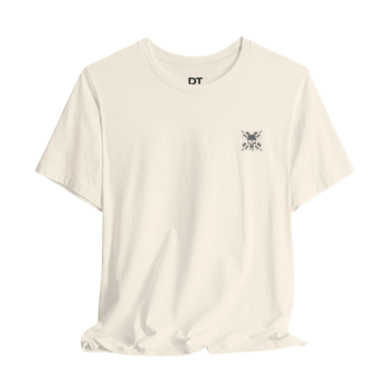DailyThreadCo. cream 100% cotton t-shirt with a small chest graphic of crossed barbells and a skull, crew neck, short sleeves.