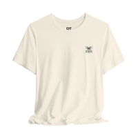 DailyThreadCo. cream 100% cotton t-shirt with a small chest graphic of crossed barbells and a skull, crew neck, short sleeves.