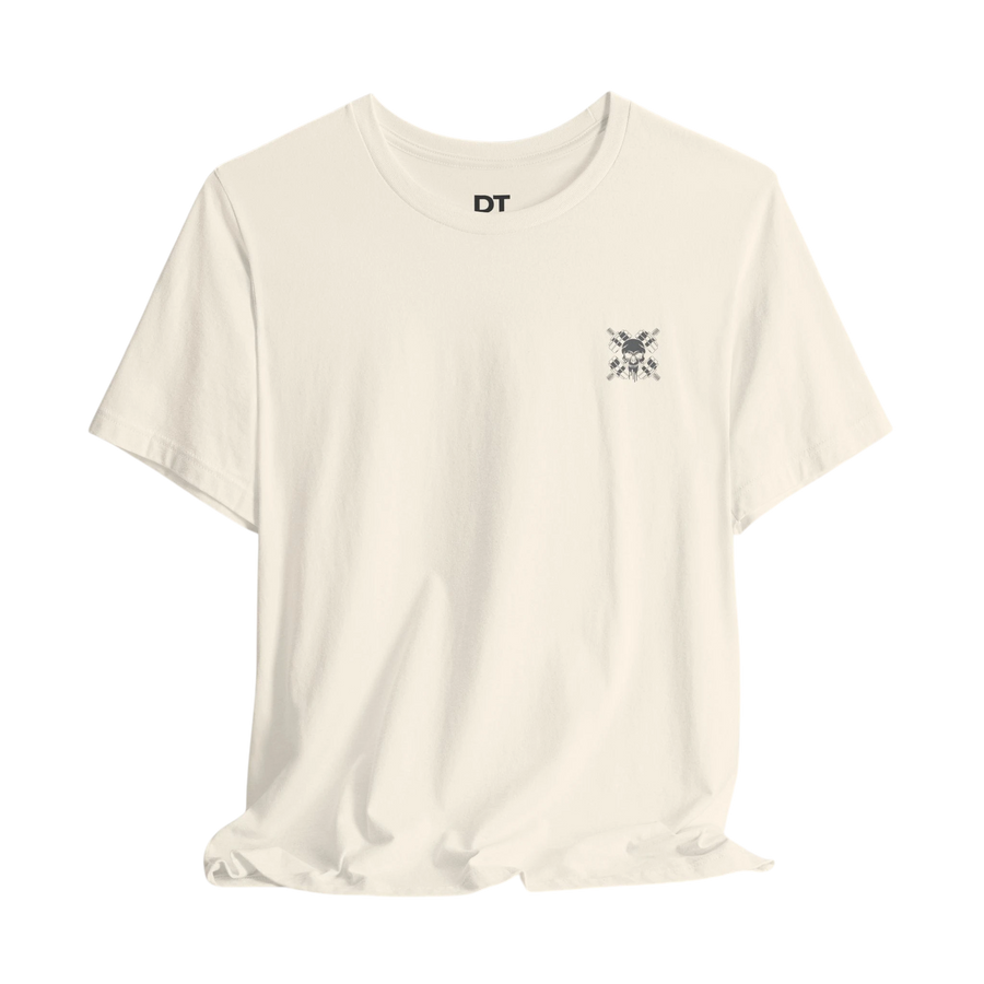 DailyThreadCo. cream 100% cotton t-shirt with a small chest graphic of crossed barbells and a skull, crew neck, short sleeves.