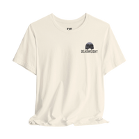 DailyThreadCo. cream cotton athletic tee with crew neck and small chest graphic of a skull and the word DEADWEIGHT.